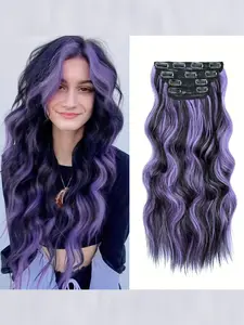 4pcs Long Wavy Synthetic Fiber Hair Extensions, 20-Inch Double-Layer Curly Wave, Natural Base, Heat-Free, Easy to Style, Wavy Synthetic Hairpiece