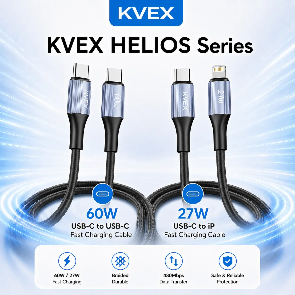 KVEX HERCULES Silicone Fast Charging Cable, USB-C to USB-C 60W or USB-C to Lightning 27W, 480Mbps Data Transfer, 1M Black