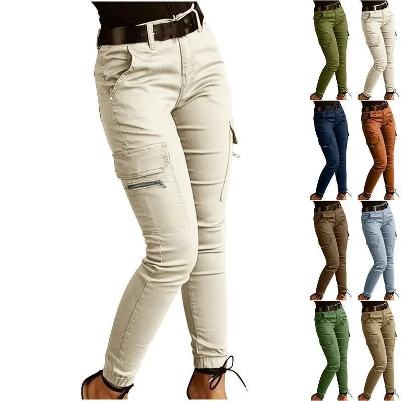 Mid-Waist Solid Color Pocket Ankle Banded Working Pants Women