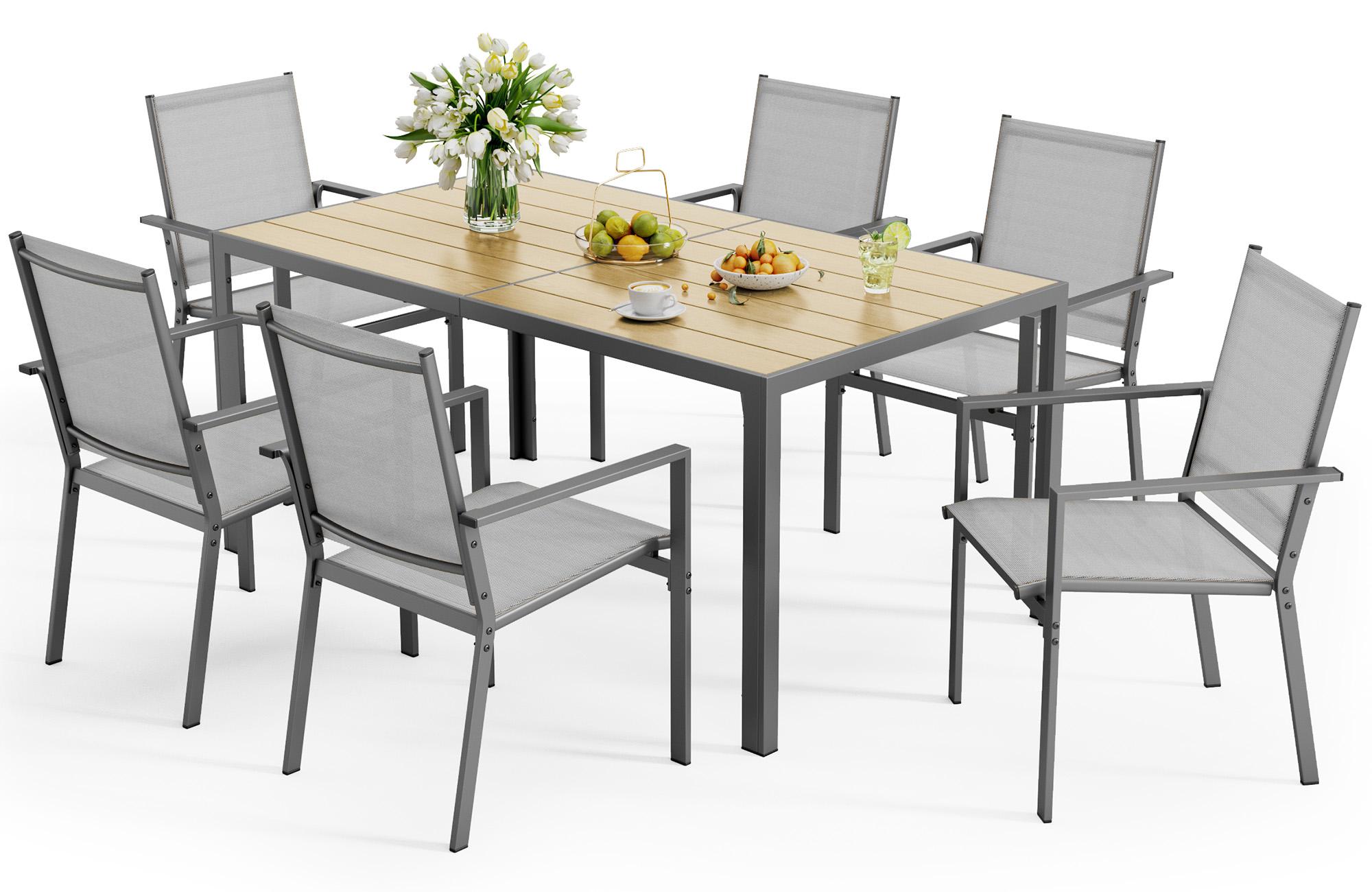 Gizoon Patio Table and Chairs Set for 6, Outdoor Dining Set Includes 59.5" Rectangle Patio Table with Side Umbrella Hole and 6 Textilene Fabric Patio Chairs for Courtyard, Backyard, Pool, Grey&Brown Gizoon Patio Table and Chairs Set for 6, Outdoor Dining Set Includes 59.5" Rectangle Patio Table with Side Umbrella Hole and 6 Textilene Fabric Patio Chairs for Courtyard, Backyard, Pool, Grey&Brown