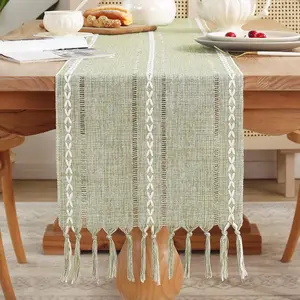 Rustic with Tassels, Farmhouse Boho Table Braided Striped, Cotton Table Decoration for Dining and Wedding, 56 Inches, Green