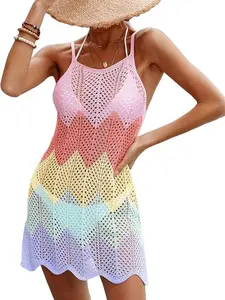 Women's Rainbow Patchwork Colorblock Sleeveless Dress, Sexy Vacation Beach Cover-Up, Swimwear Cover Up, Poolside Playwear, Slim-Fitting H-Type Design