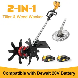 2-in-1 Cordless Tiller Cultivator and Weed Wacker with 2 * 2.0Ah Batteries & Charger, 500RPM Electric Tiller and Weed Eater Compatible with Dewalt 20V Battery, 9In Tilling Width & 9.4In Depth Tiller for Lawn/Gardening/Soil Cultivation