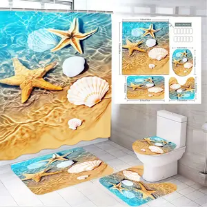 4pcs Beach-Themed Underwater Shower Curtain Set with Matching Starfish & Shell Bath Mats - Create a Nautical Summer Vibe in Your Bathroom - Vibrant Ocean Scene with Sandy Floor Design for a Refreshing Coastal Atmosphere
