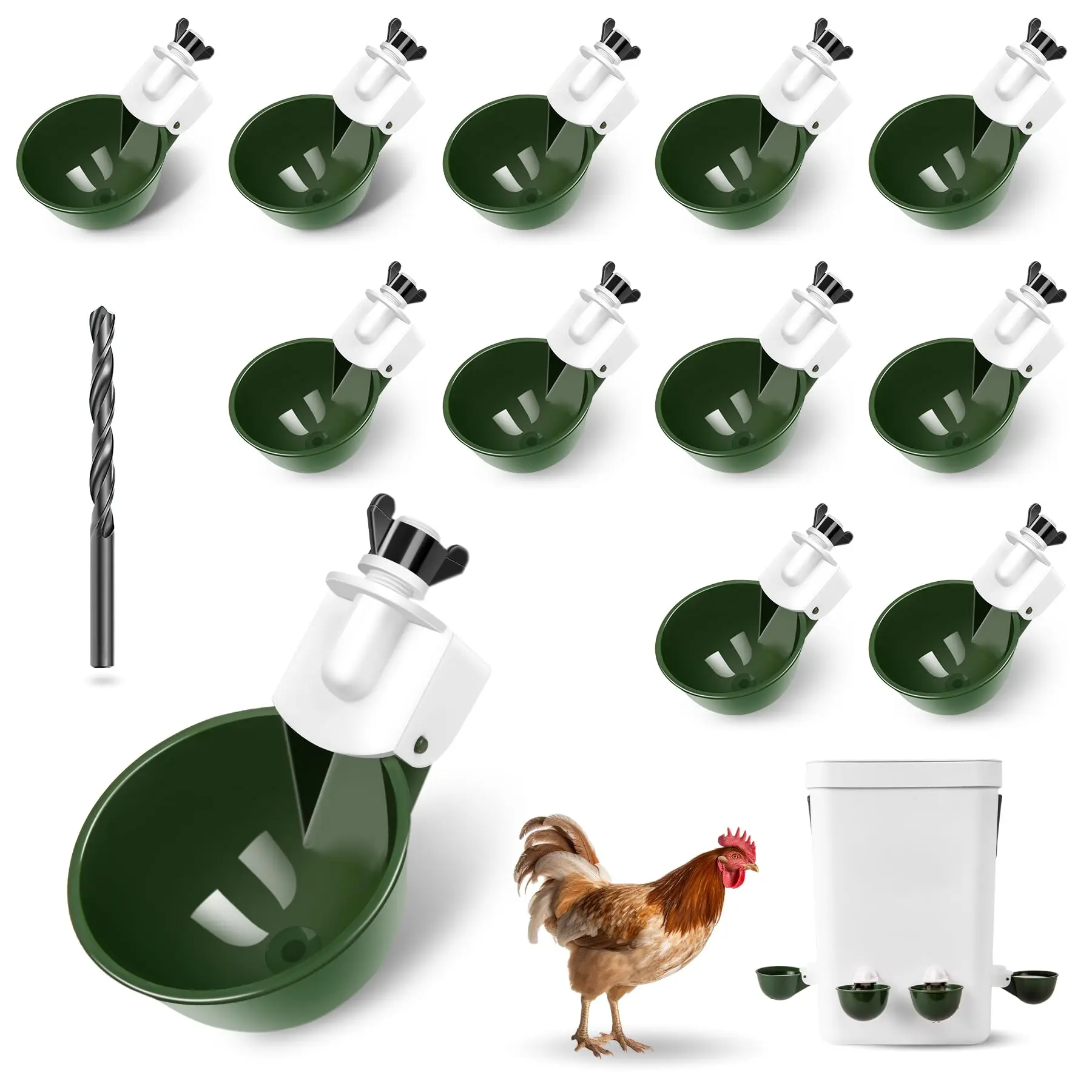 Chicken Waterer Feeder Cups 12pcs - Automatic Filling Water Feeder, Gravity DIY Poultry Watering System, Chicken Water Dispenser Bowl, Coop Accessories for Chicken, Hens, Duck, Goose