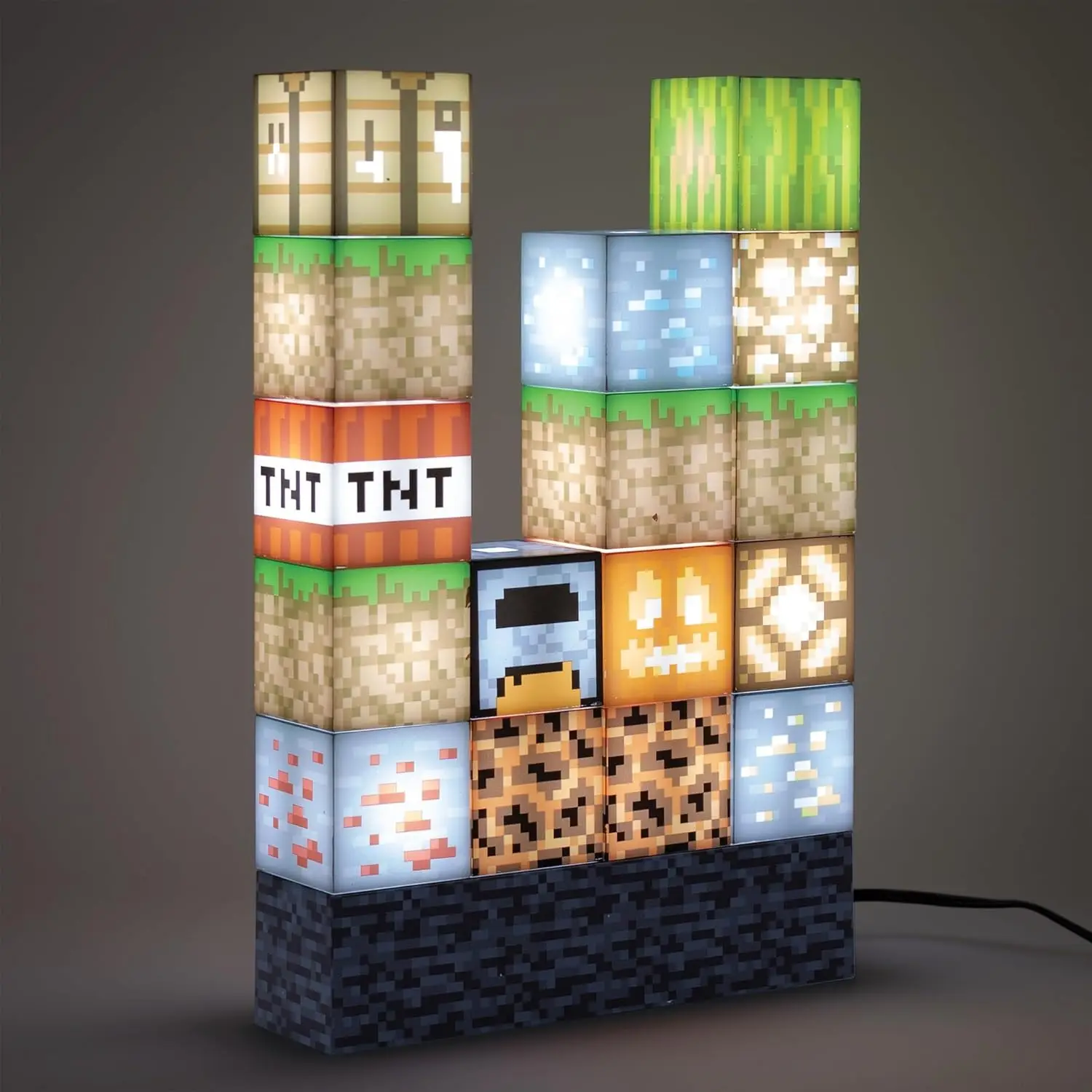 Minecraft Block Building Lamp - 16 Rearrangeable Light Up Blocks - Interactive Decoration, Toy, and Night Light for Kids Room