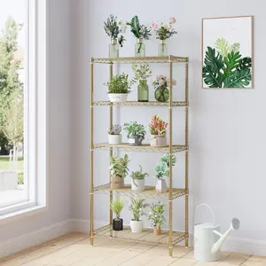 Five-tier display stand without wheels, adjustable legs, freely adjustable spacing between tiers, iron, 74×34×150 cm, gold highlight