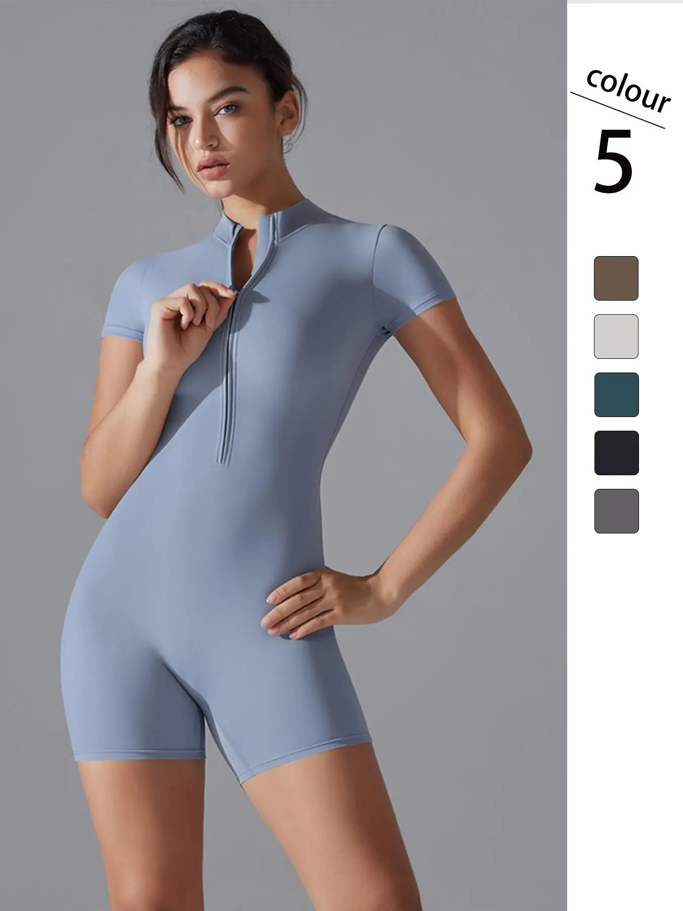 Women's Solid Half Zip Mock Neck Sports Romper, Athletic Workout Romper, Sporty Comfy Breathable Short Sleeve Skinny Romper for Yoga Gym Workout, Ladies Sportswear for All Seasons, Workout Gym Clothing, Stretchable Activewear, Athletic Rompers