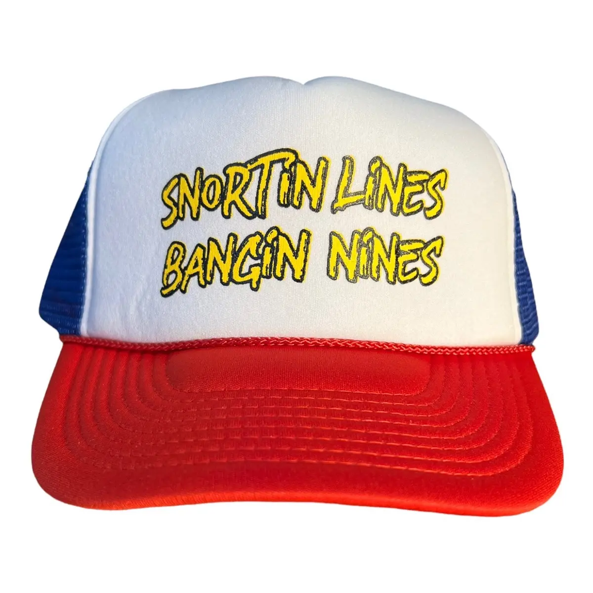 Funny Trucker Hat with American Flag Design for Adults - Snapback Closure, Cotton Material, Funny Saying Snortin Lines Bangin Nines dad