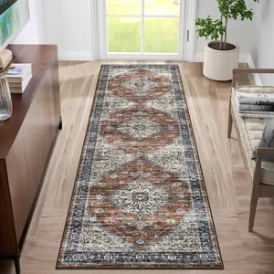 GARVEE Vintage Runner Rug 2x6 Hallway Entryway Runner Washable Distressed Floral Area Rug Soft Non Slip Bedroom Mat Retro Accent Throw Kitchen Carpet Low Pile Laundry Bathroom Rugs, Red