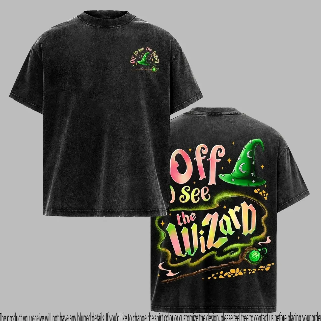 Off to See the Wizard Vintage Graphic T-Shirt, Colorful Retro Fantasy Tee, Washed Black Front and Back Print Shirt NGW