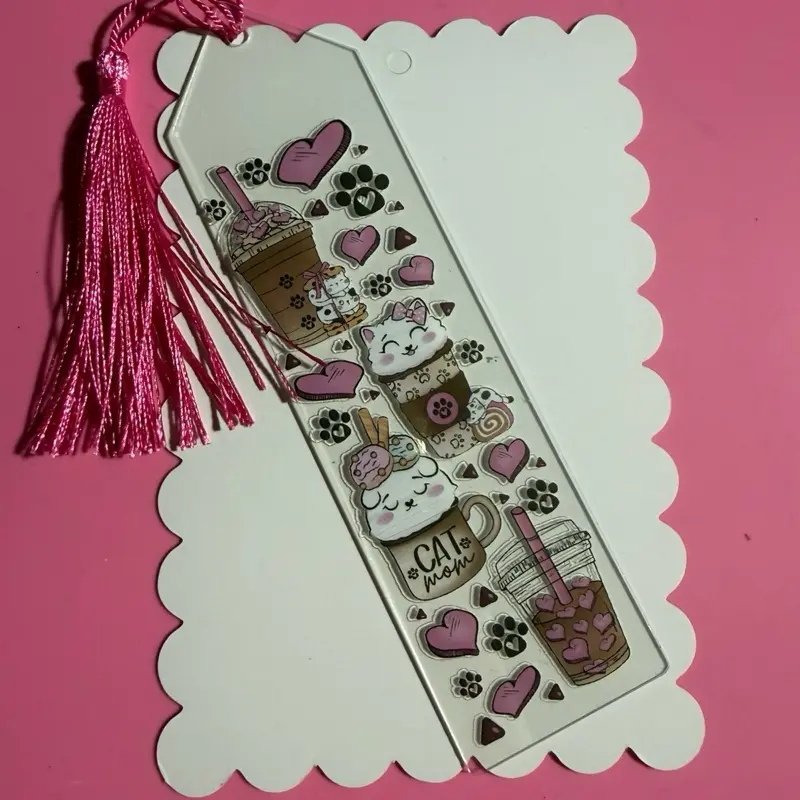 Cute Cat Theme Bookmarks with Pink Tassel and Heart Design for Reading Enthusiasts