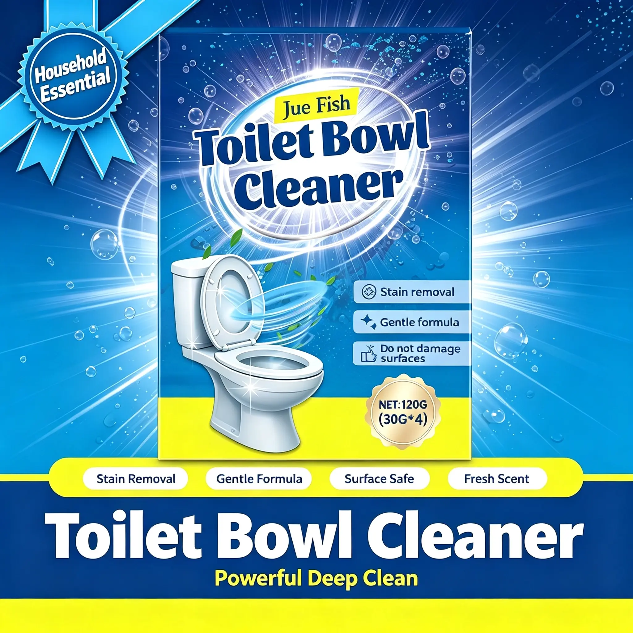 120g Household Toilet Bowl Cleaning Powder (30g×4Packs), Gentle Formula Hard Water Stain & Limescale Remover, Efficient Bathroom Odor Eliminator, Surface-Safe Daily Toilet Deep Cleaner Powder