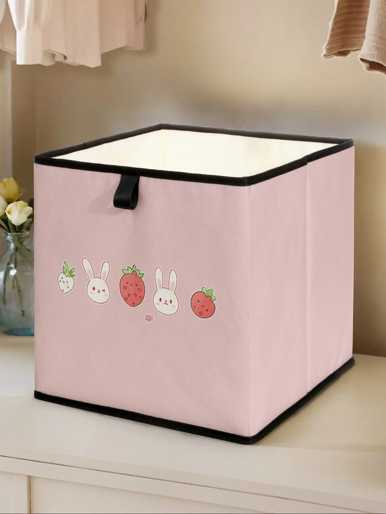 Rabbit Strawberry Print Open Storage Box, Stackable Drawer Organizer, Durable Multi-Functional Design for Home Dorm Room Organization