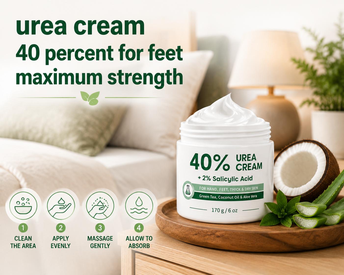 Urea Cream 40 Percent for Feet, Maximum Strength, 6 oz Foot Cream for Dry, Cracked Heels, Callus Care with 2% Salicylic Acid, Fast-Absorbing Daily Moisturizer for Hands, Elbows, Knees, Ankles and Rough Skin, 170 g / 6 oz Urea Cream 40 Percent for Feet, Maximum Strength, 6 oz Foot Cream for Dry, Cracked Heels, Callus Care with 2% Salicylic Acid, Fast-Absorbing Daily Moisturizer for Hands, Elbows, Knees, Ankles and Rough Skin, 170 g / 6 oz