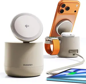 4 in 1 Magnetic Wireless Charging Station, Qi2 15W Travel Charger with 3ft Type-C Cable, Compatible with iPhone 17/16/15/14/13/12 Series、iWatch、AirPods(65W Adapter Included)