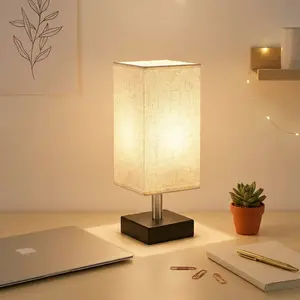 Soft Eye-Caring Small Table Lamp - Square Fabric Shade Warm Glow, No Glare Night Light for Kids Room, Children Bedroom, Bedtime Story Reading, Japandi Aesthetic Decor - Great Gift for Parents