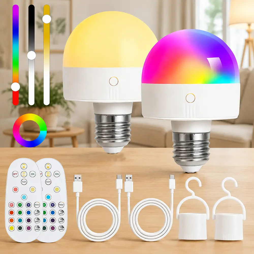 2pcs E26/E27 Rechargeable Light Bulbs with Remote, Battery Operated Magnetic Light Bulbs, Emergency Light Bulbs Dimmable Detachable LED Bulb 15 RGB Color, Timer, Wireless Puck Light Bulb for Wall Sconce, Non-Hardwired