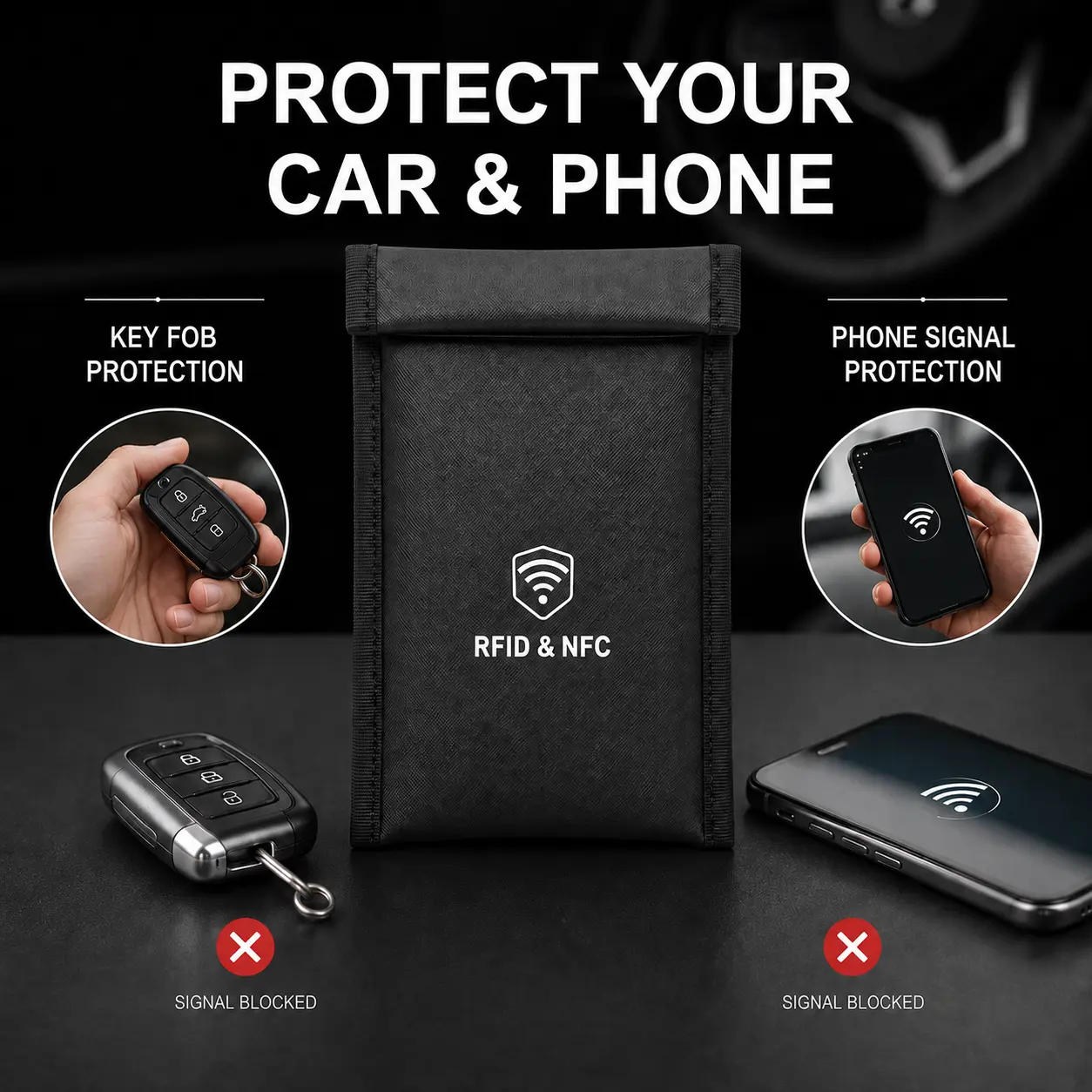 Faraday Pouch for Car Key Fob & Phone, RFID NFC Signal Blocking Bag, Helps Block 5G WiFi Bluetooth GPS Signals, Protective Pouch with Detachable Wrist Strap, Key Storage, Rfid/Nfc Guard