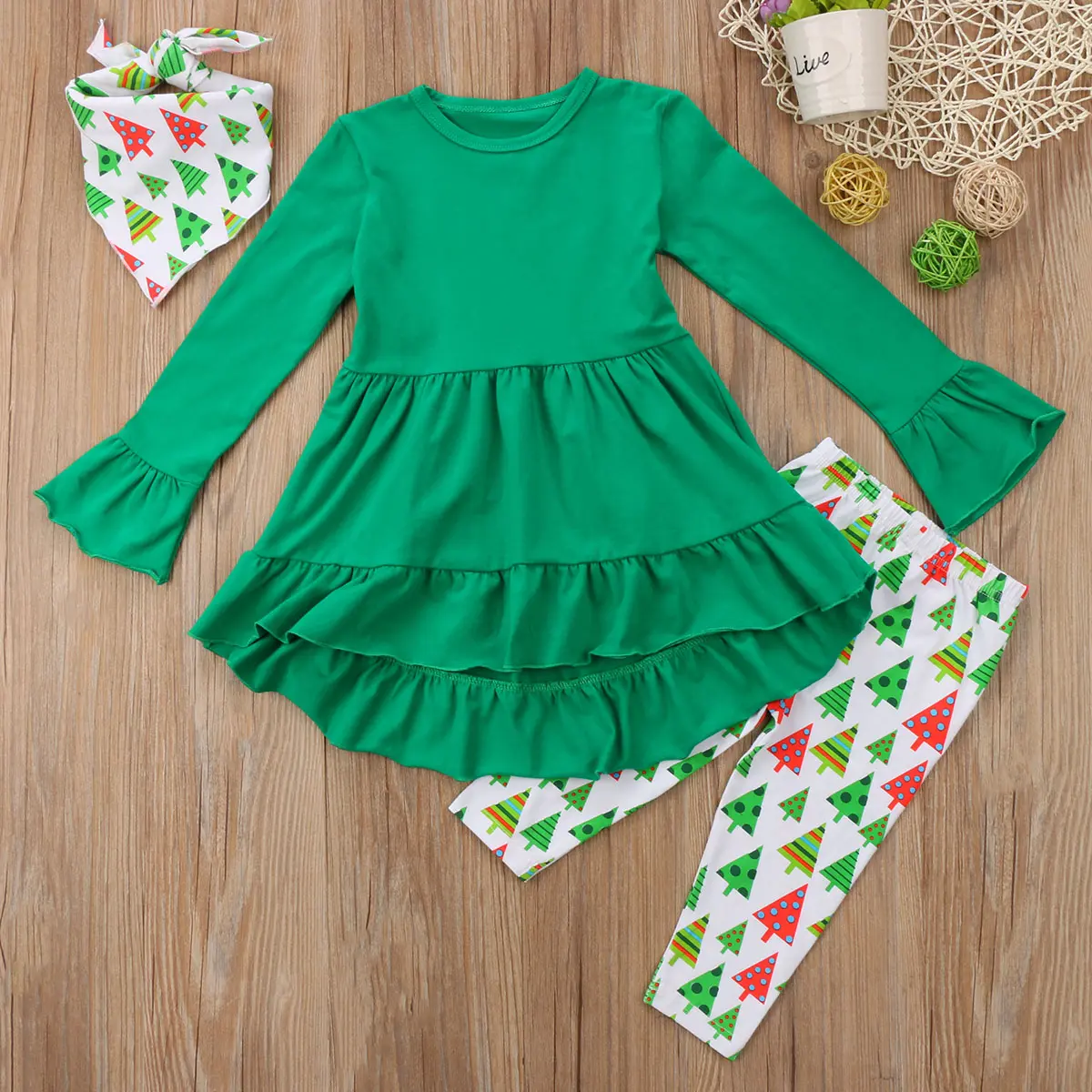 Girls Kids Christmas Clothes Set Long Flare Sleeve Ruffles Tops Dress + Christmas Tree Leggings + Headband 3Pcs Xmas Outfits