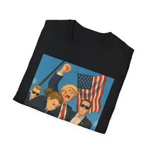 Trump Shot Ghibli Style T-Shirt, Meme Political Shirt, Iconic Funny Tee, Unisex Softstyle Top Casual Collar
