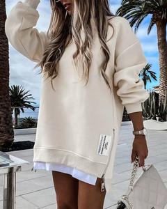 ChicMe Women's Long Sleeve Zipper Design Sweatshirt Dress  Letter Patch Detail Drop Shoulder Pullover Sweatshirt Casual Zipper Side Slit Top