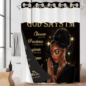 1PC/4PCS 2D Flat Printing Black and Gold GOD SAYS I'M Theme Patterned shower curtain, home bathroom decor, shower curtain set with 12 hooks, non-slip bathroom rug, U-shaped toilet seat cover, toilet seat mat.