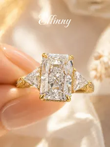 Effinny Non-tarnish 5.0ct Radiant Cut 14K Gold Plated Three Stone Engagement Ring, Elegant Sparkle Promise Ring, 5A CZ Bridal Ring for Wedding, Party, Travel