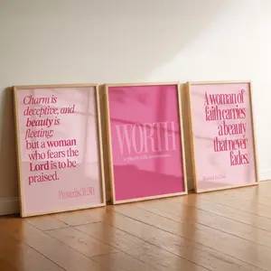 Pink Christian Wall Art Set of 3, Proverbs 31:30 Print, Feminine Bible Verse Decor, Faith Bedroom Wall Art, Elegant Pink Girls Wall Art