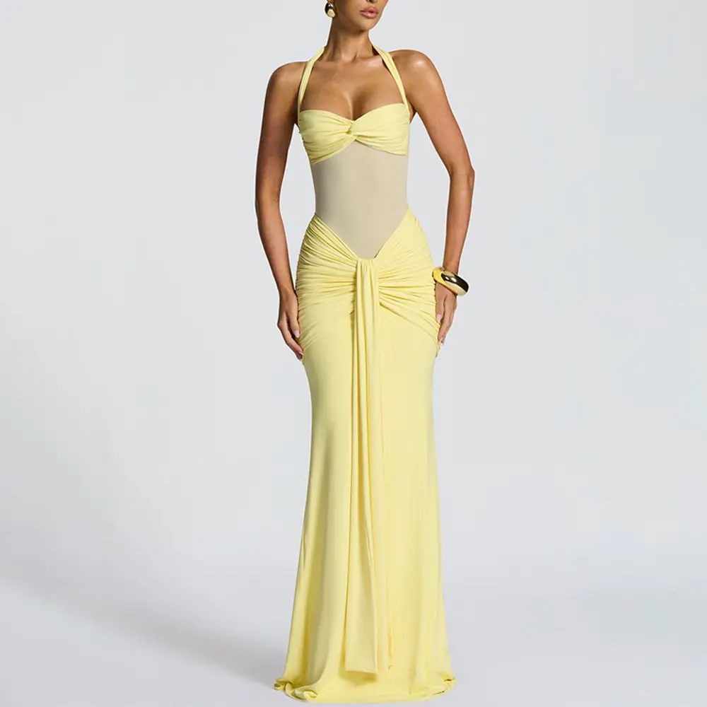 2026 New Women's Elegant Halter Neck Maxi Evening Dress - Ruched, Ribbon Detail, Flattering Cut, Solid Plain, Form-Fitting Formal Wear, Maxi Length