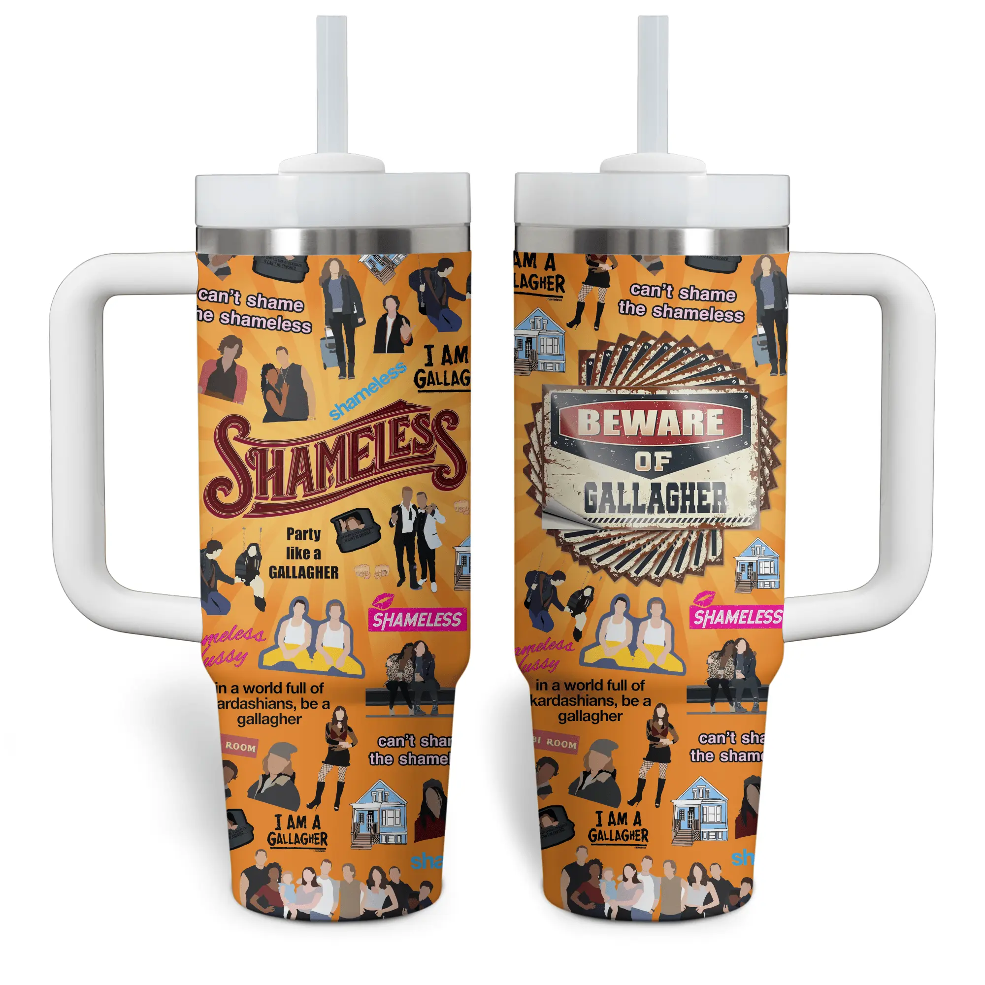 Shameless TV Series 40oz Tumbler With Handle & Straw, Gallagher Family Graphic Cup, Shameless Character Collage Travel Mug, Retro Comedy Drama TV Series Inspired Insulated Water Tumbler, Fan Gift