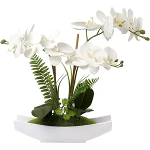 15" White Artificial Phalaenopsis Orchid with Vase – Faux Orchid Flower Arrangement for Home, Office, or Table Centerpiece Decor