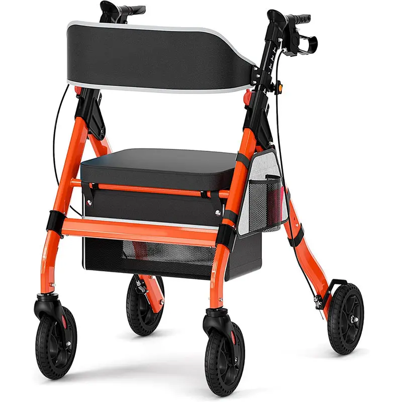 Foldable Rollator Walkers with Seat for Seniors, 450 lb Capacity, 8" Wheels, 18" Big Seat, 6-Position Adjustable Height, Heavy-Duty Aluminum Rolling Walker