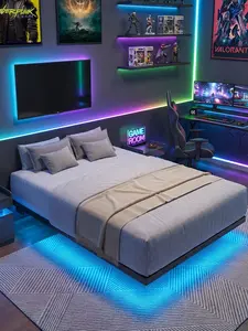 【SummerVibes】ONBRILL Floating Queen Bed Frame with LED Lights Metal Slats Underbed Storage Space No Box Spring, Bedroom Furniture