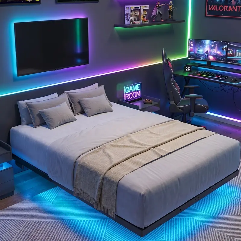 「BlackFriday」ONBRILL Floating Queen Bed Frame with LED Lights, Metal Slats, Underbed Storage, No Box Spring, USB & Type-C Ports, 3 LED Glow Strips, Multi-Port Bed Frames, Apartment Furniture, Room Decor, Modern Bedroom Furniture