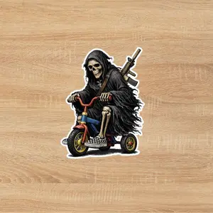 Tactical Military Skull Grim Reaper Sticker, Funny Operator Tricycle Decal, Dark Humor Death Reaper Vinyl Sticker for Helmet, Car, Laptop Decor