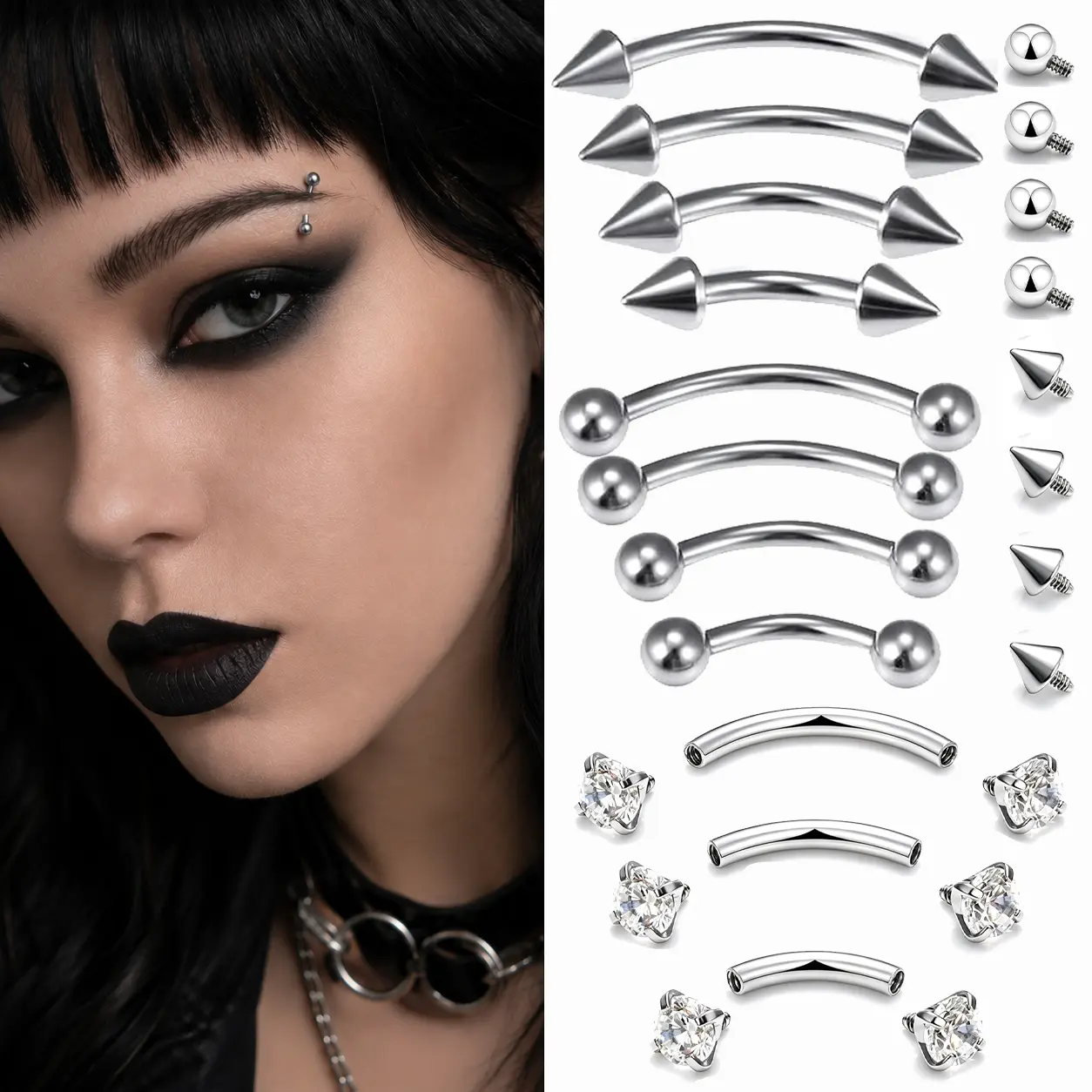 Punk Style Mixed Size Eyebrow Piercing Jewelry, with Replacement Balls, Multipurpose Eyebrow Ring, Lip Ring, Body Jewelry, Body Piercings, Fashion Accessories for Women & Men, Pierce