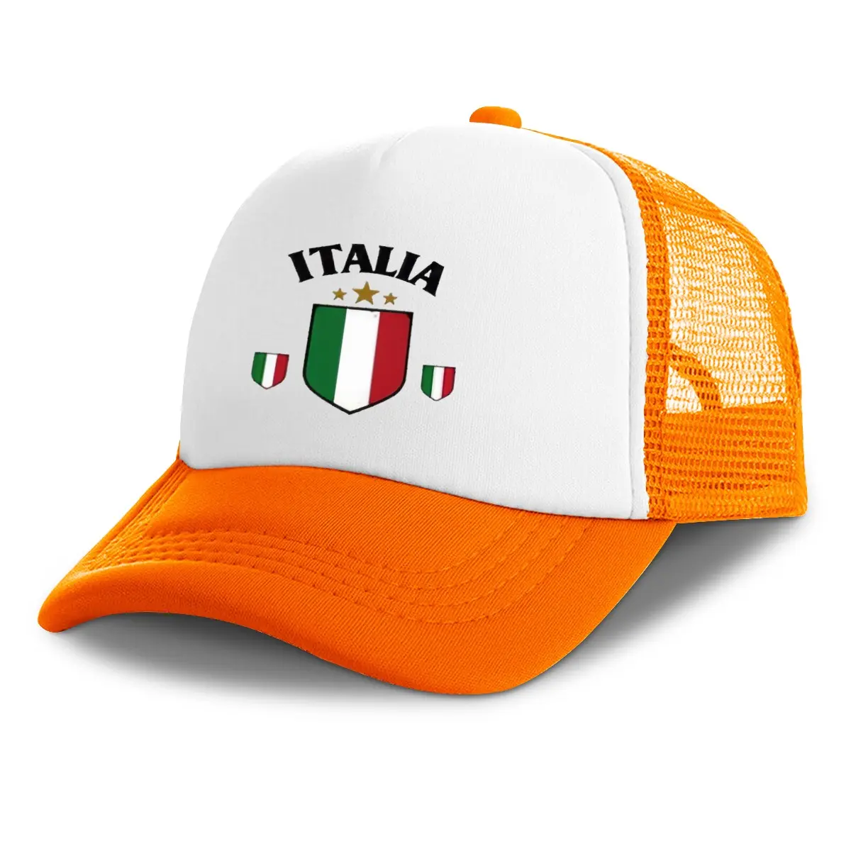 Unisex Italia 3 Stars Italy Flag Crest Print Trucker Hat Orange White Breathable Mesh Back Adjustable Snapback Cap Viral TikTok Italian National Pride Football Fan Hat For Men Women