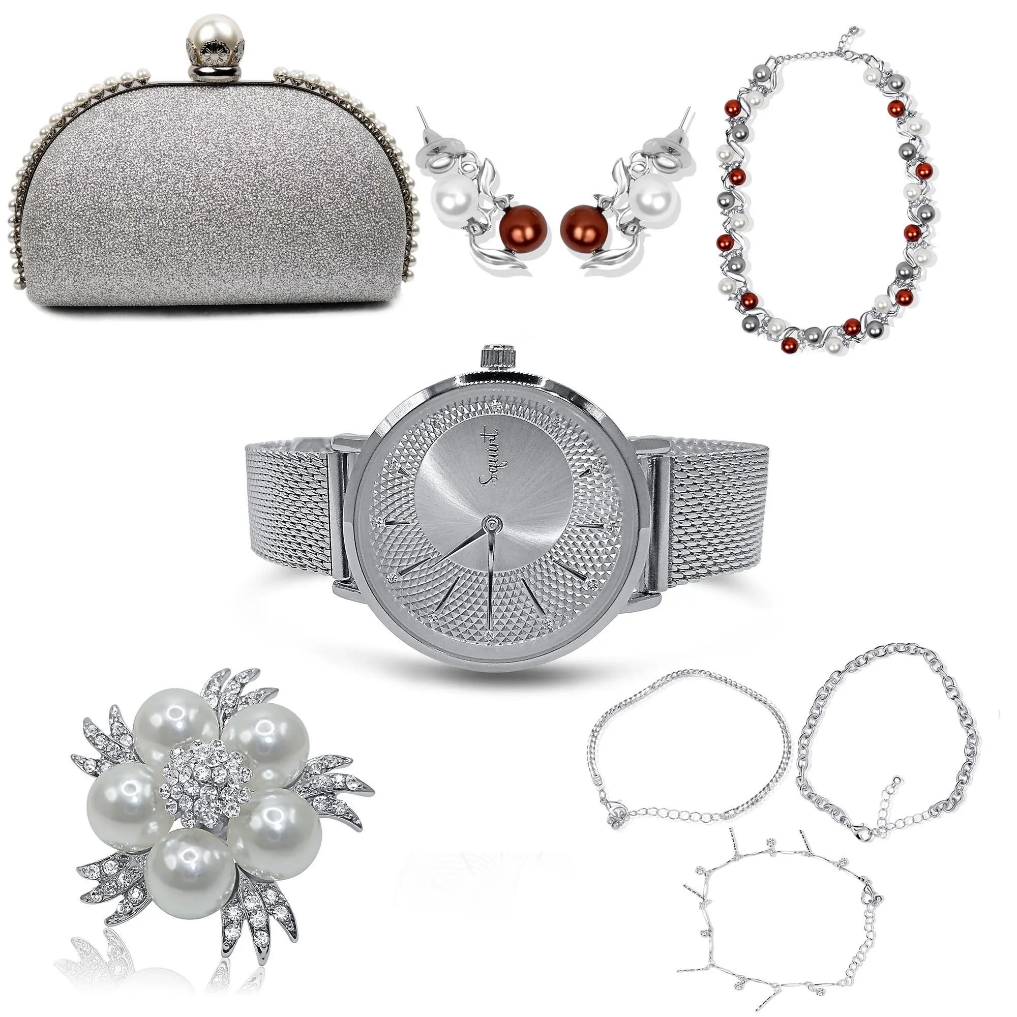 The elegant silver-colored and water-resistant women's stainless steel watch, jewelry, and purse collection by Squirt-Collection.  A curated selection of women's jewelry and accessories that are designed for the discerning woman with fine taste.