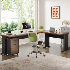 LITTLE TREE 82.67" Long Executive Desk with Drawers, Large Executive Office Desk with Storage, Wooden Computer Desk with File Cabinet, Modern Work Desk for Home Office,Two separate package