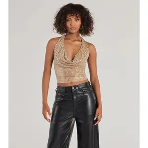 Glitzy Chic Cropped Rhinestone Halter Top