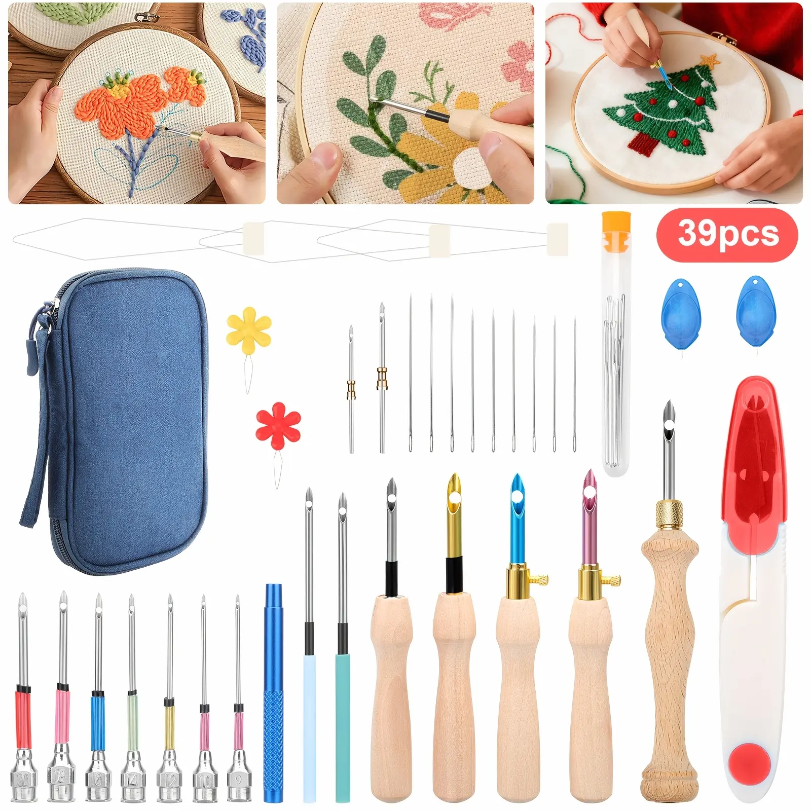 39pcs Punch Needle Embroidery Kit | Complete Set for Needle Punching, Includes Adjustable Punch Needle Tool, Wooden Handle Embroidery Pen, Needles & Storage Case, Ideal for Beginners, Mixed Color, Flower Theme, Brand EEEKIT