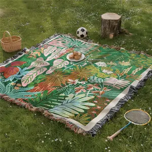 Multi Purpose Picnic Mat Yarn Woven with Tassel: Tropical Rainforest Pattern, Suitable for Travel Camping Lawns Weddings Concerts. Indoor Bohemian Decoration Machine Washed and Used As Bed Blanket Sofa Towel Tablecloth Tapestry Outdoor Picnic Blanket