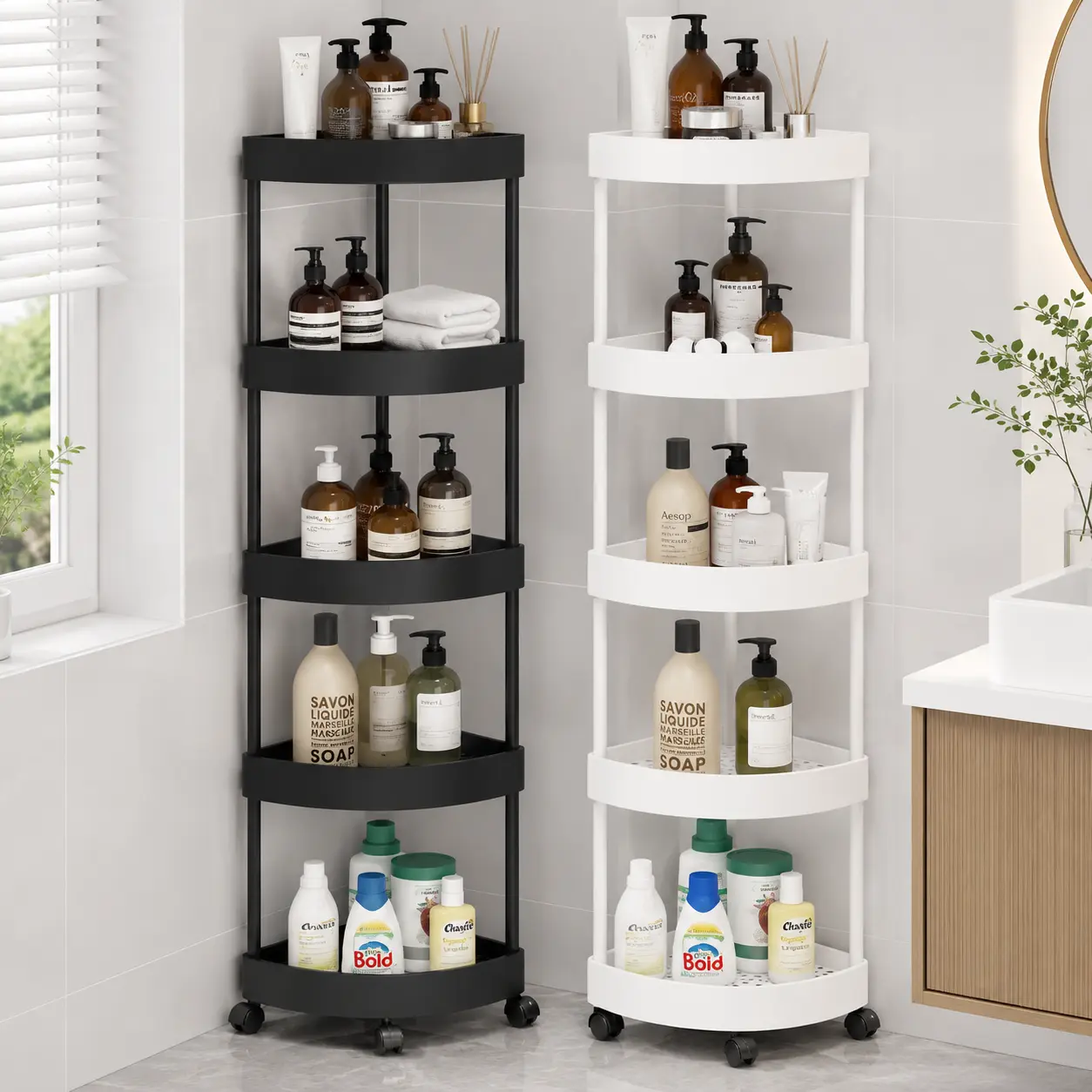 Corner Storage Rack for Bathroom - 5-Tier Shelving Unit with Wheels - Black & White Options - Space-Saving Organizer for toiletries & essentials