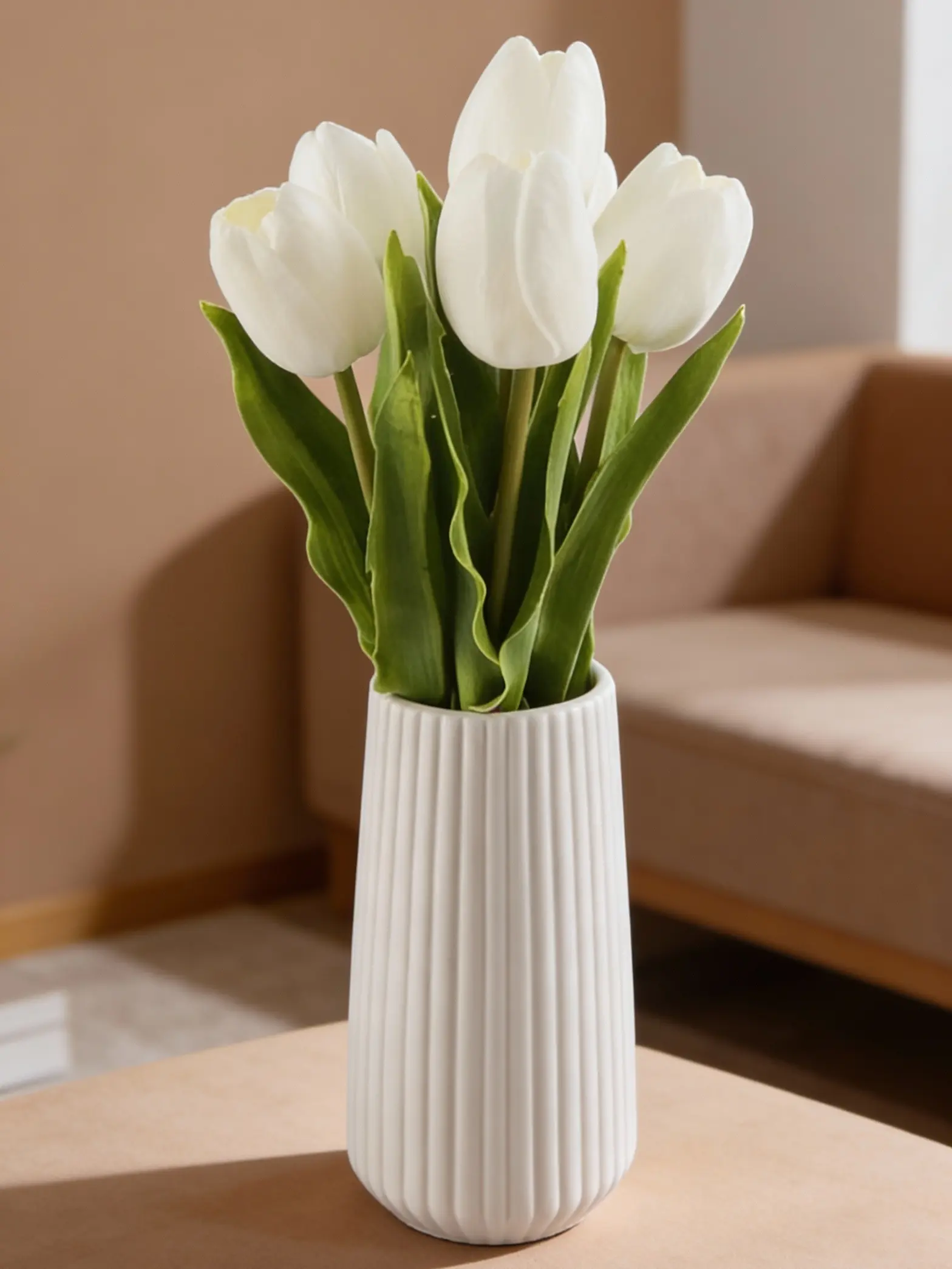 Tulip Faux Arrangement in White Ribbed Ceramic Vase
