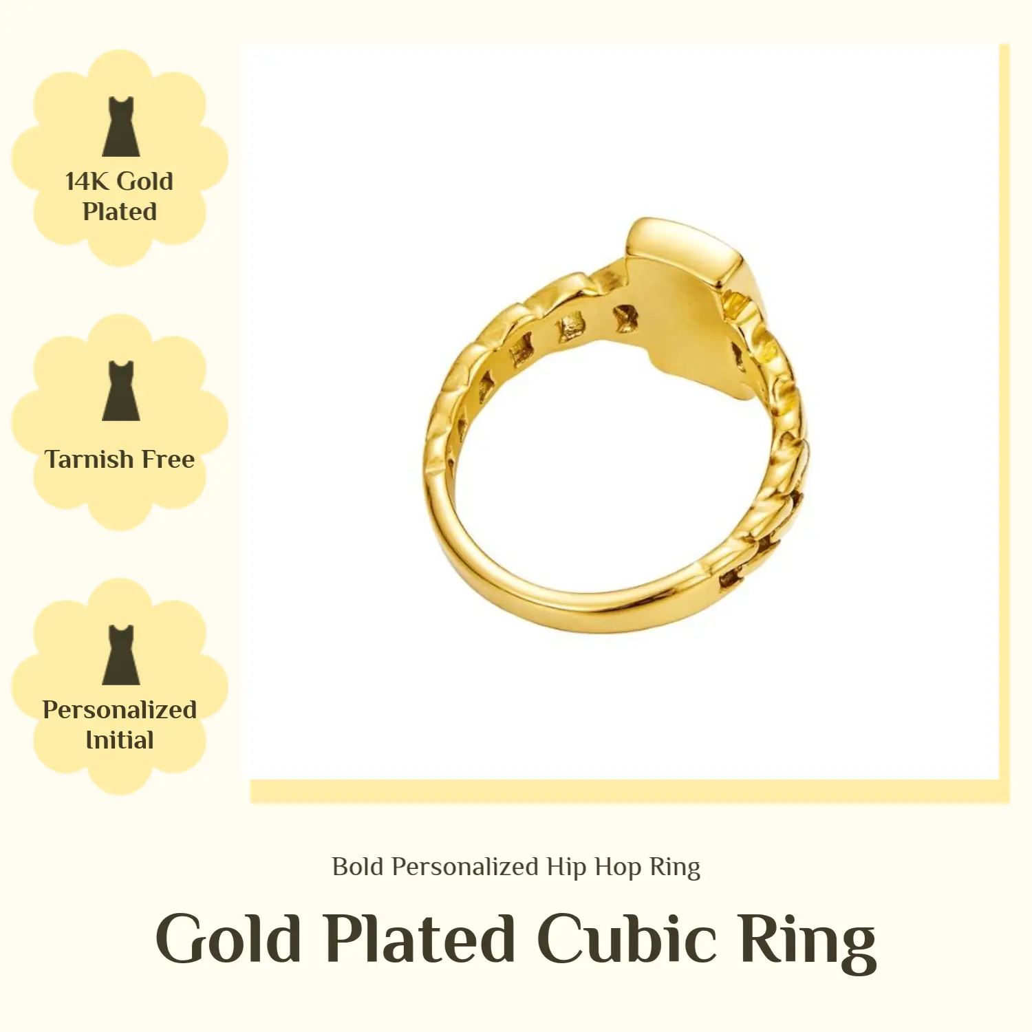 14K Gold Plated Custom Initial Cuban Link ID Tag Nameplate Ring for Men Hip Hop Boho Luxury Statement Fashion Jewelry with CZ Rhinestone Charm Gift for Jewelry Lovers Gold Rings