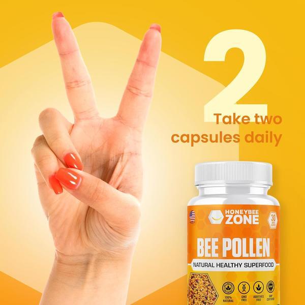 HoneybeeZone Raw Bee Pollen Capsules, B-Complex Rich Superfood for Energy, Metabolism & Immune Support, 60 Veggie Capsules