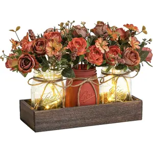 3 count Mason Jar Centerpiece Table Decorations for Dining Table Decor Farmhouse Coffee Table Decor with  Tray and Led Light Table Centerpieces for Dining room Kitchen Living Bathroom,Orange