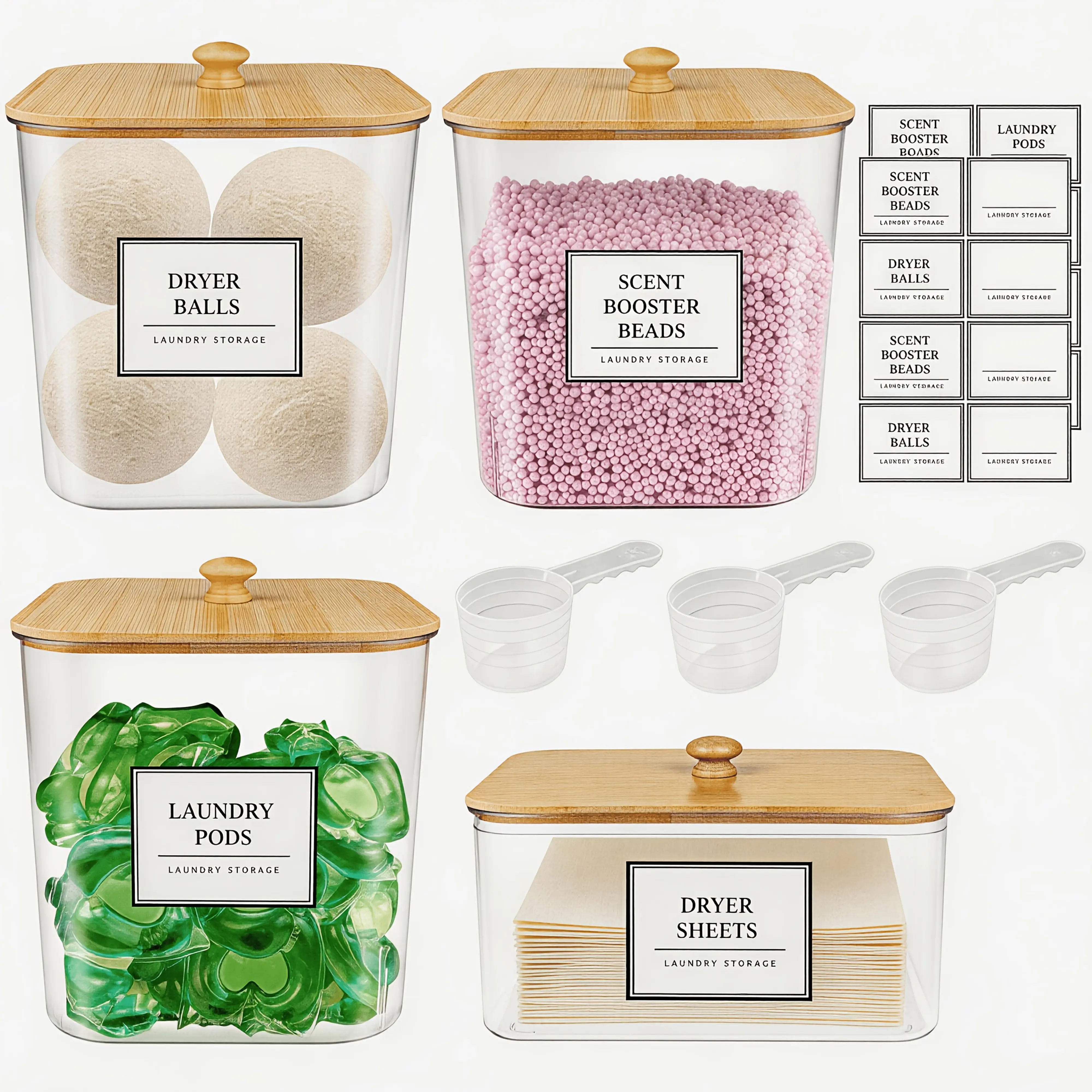 2/3/4+1 Pack Laundry Organization And Storage And Dryer Sheet Holder Set, Clear Laundry Room Organization Containers with Bamboo Lids And Labels, Laundry Pods Holder for Scent Booster, Powder, Pod