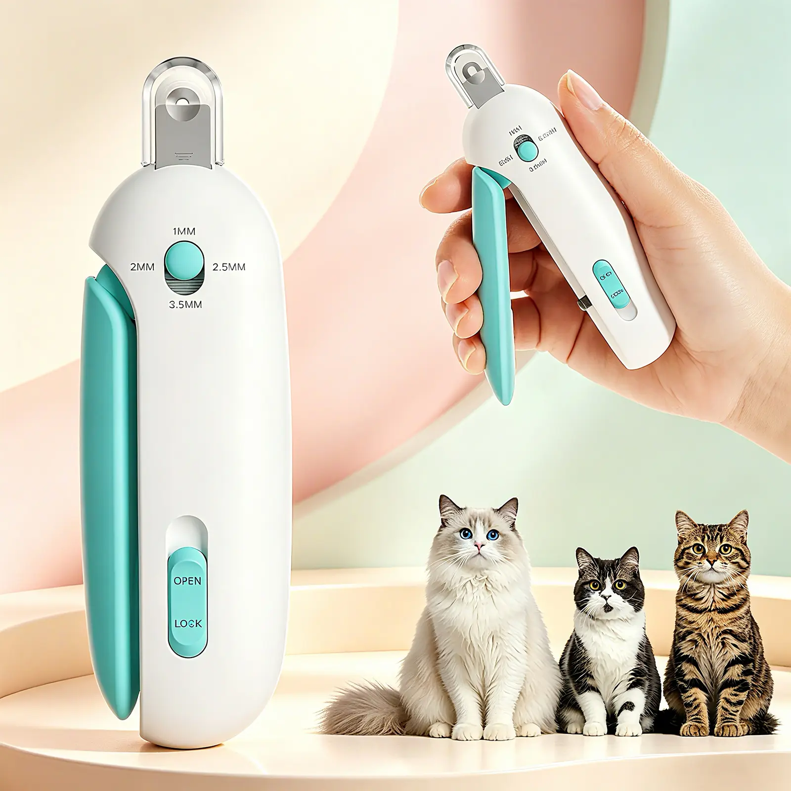 2-in-1 Adjustable Cat Nail Clipper Trimmer with Safety Guard, 1mm-3.5mm Size Range, Portable Pet Grooming Nail Care Tool for Kittens & Indoor Cats